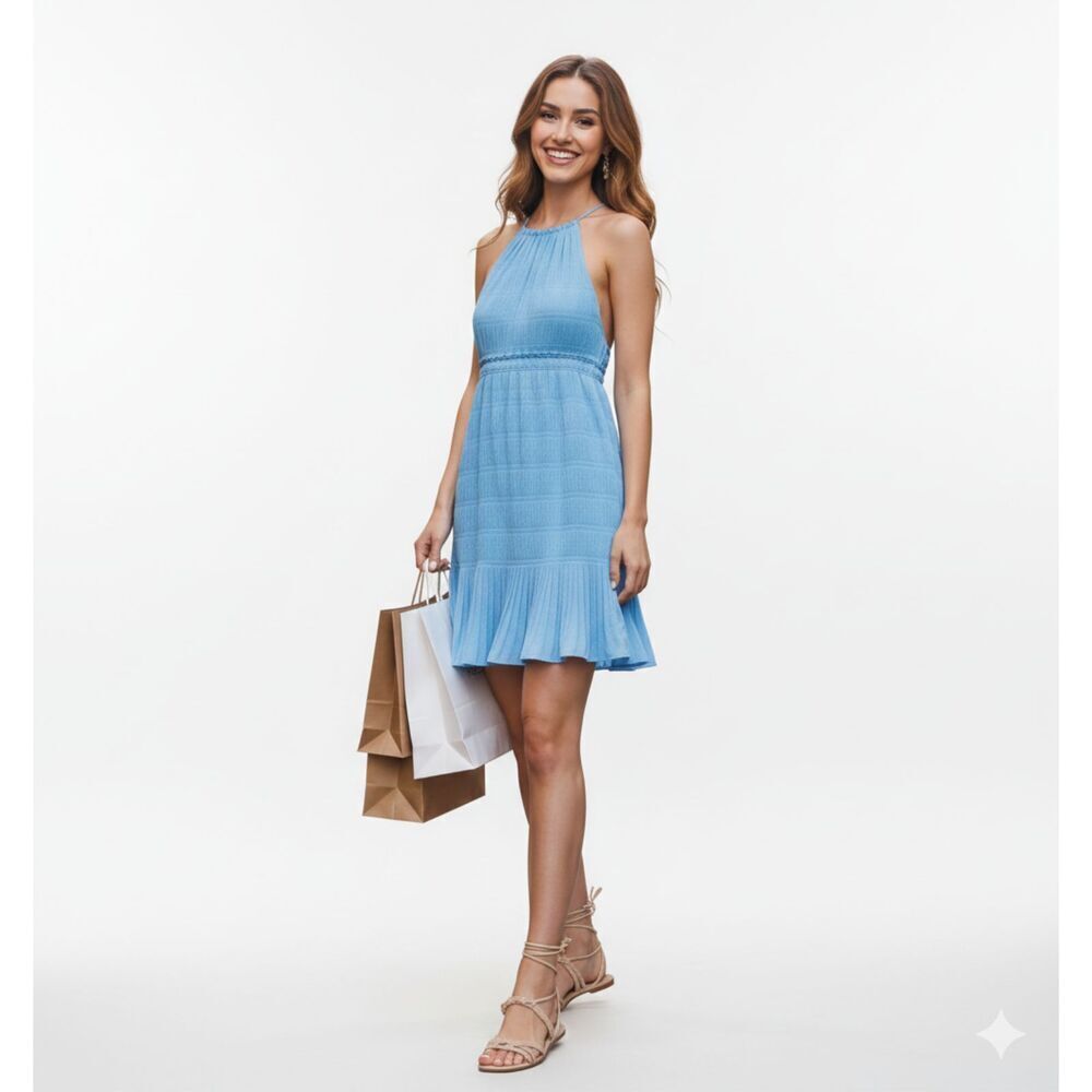 Pleated Voile Dress Rebecca Taylor Cerulean Blue Sleeveless Halter Coquette Girl